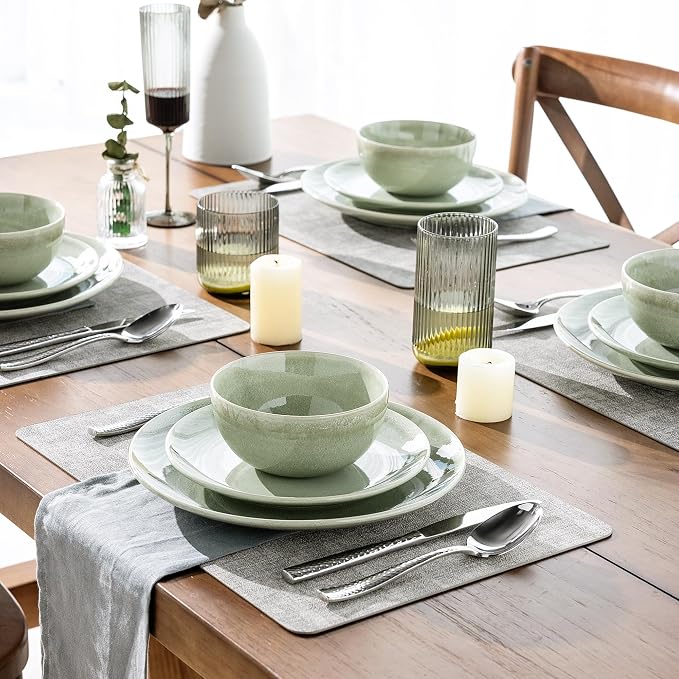 GBHOME Dinnerware Sets for 6, 24 Pieces Ceramic Plates and Bowls Set | Scratch Resistant Stoneware Dishes Set, Dishwasher & Microwave Safe, Reactive Glaze-Light Green