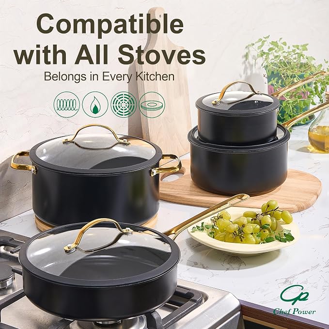 Ceramic Frying Pan with Stainless Steel handle 5Pcs Set, Non-toxic Non Stick Grill Pan Set, Induction, Dishwasher and Oven Safe, Stone Black & Light Gold Handle, 8'', 9'', 11'' Skillet