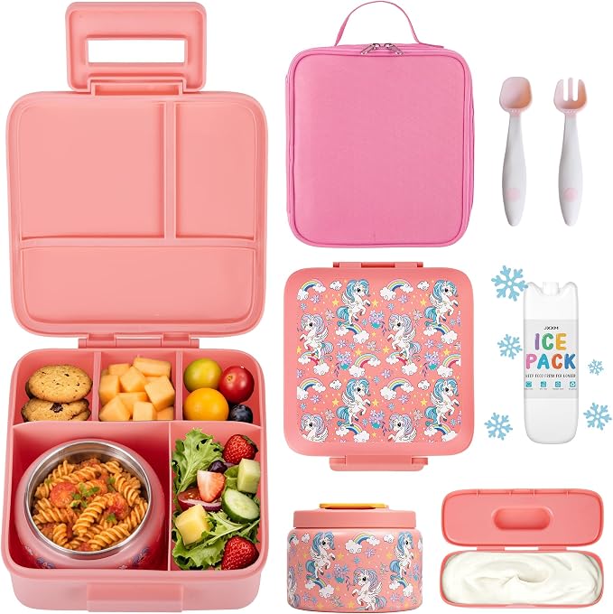 JXXM Bento Lunch Box for Kids With 8oz Soup Thermo,Leak-proof Lunch Containers with 5 Compartment,Thermos Food Jar and Lunch Bag, Food Containers for School (A-Pink(Fantasy Unicorn))
