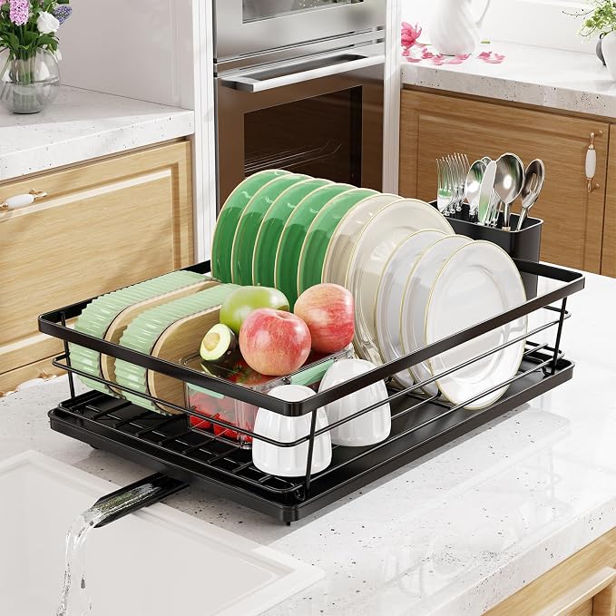 Simple Trending Dish Drying Rack, 12''W x 16''L, Black | Dish Rack for Kitchen Counter, Stainless Steel Dish Drainer, Cutlery Holder, Drainboard, Space-Saving, Easy Installation