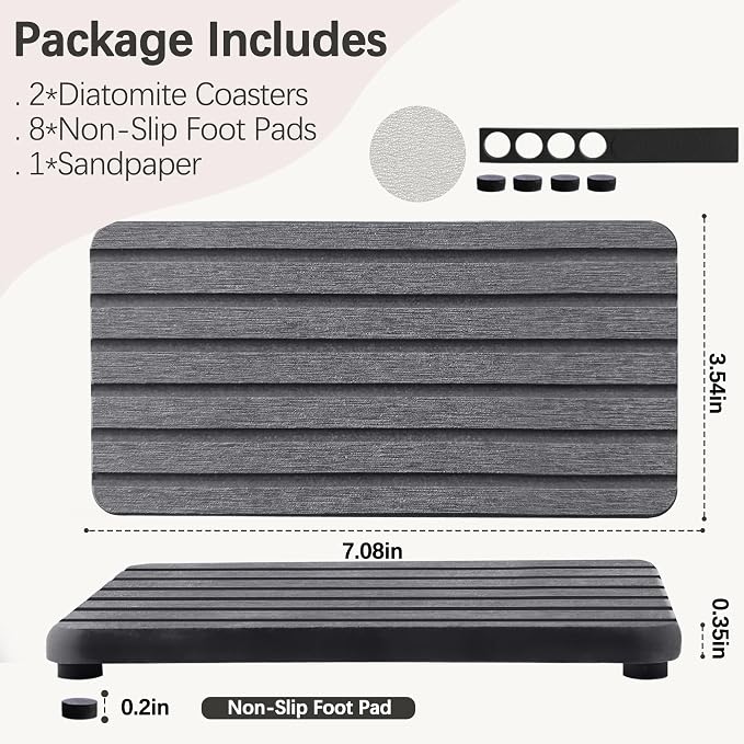 NiuYichee 2 PCS Water Absorbent diatomite Coasters, 7.1" x 3.5" Water Absorbing Stone Tray for Sink, Stone Drying mat for Kitchen Counter, Stone soap Tray Used for Hand Soaps & toiletries & Plants