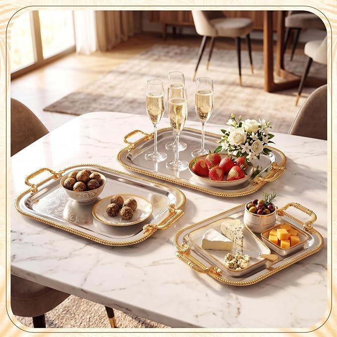 3 Pack Metal Serving Trays with Handles, Decorative Floral Platter Trays for Coffee Tea, Food, Dessert, Jewelry, for Buffet Wedding Party Kitchen Home Decor(Floral,Silver, Gold)