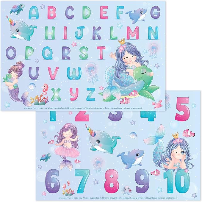 Bright Seed Disposable Placemats for Baby & Toddlers, Learning Mat- Mermaid | 40 Disposable Placemats, ABC, Numbers & Animal Learning, Perfect for Restaurants & Travel, Helps Keep Tables Clean