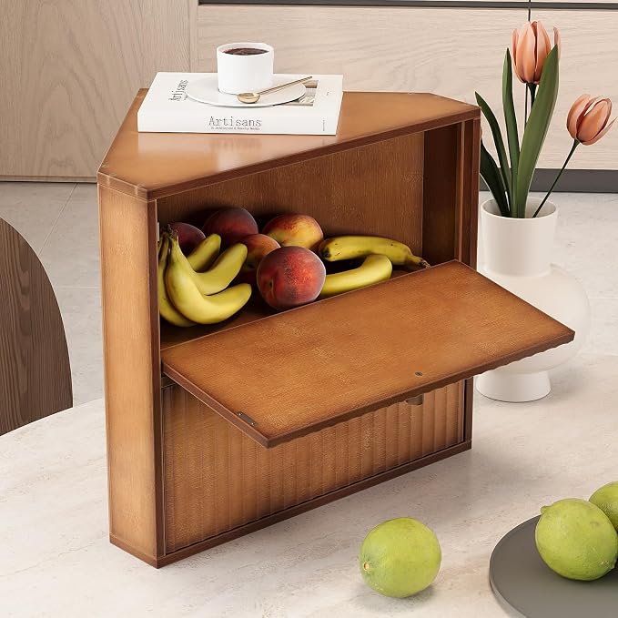Trironsun Corner Bread Box for Kitchen Countertop Bamboo Two Layer Large Capacity Bread Storage Bin Vintage Storage for Homemade Bread (Brown)
