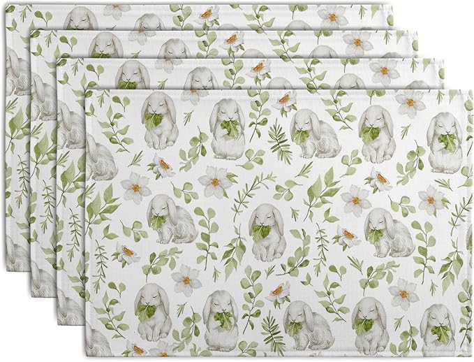 Easter Bunny Rabbits Placemats Set of 4 Easter Spring Green Leaves Flroal Dining Table Placemats 12x18 Inch Heat Resistant Washable Table Mats for Kitchen Dining Holiday Indoor
