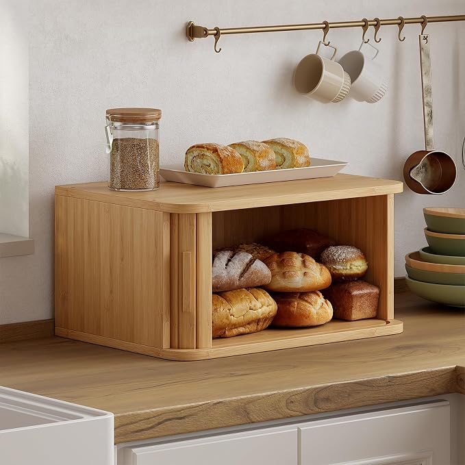 WOWLIVE Roll Top Bread Box for Kitchen Countertop, Bamboo Bread Storage | Airtight Bread Containers, Large Bread Bin with Sliding Door for Loaves, Bagels, Countertop Storage Cabinet, Natural, Medium