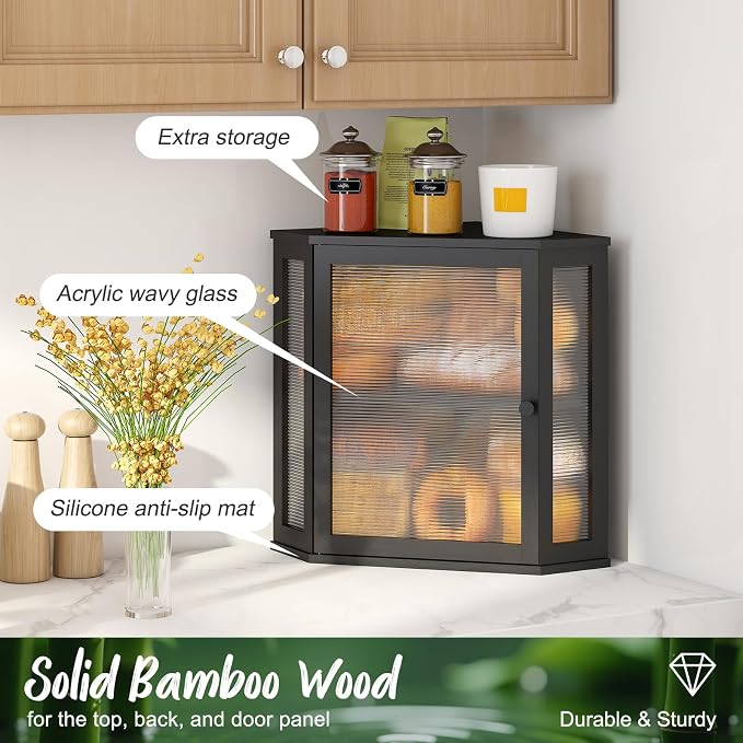 Corner Bread Box, Large Bamboo Bread Box for Kitchen Countertop, 2 Tier Wooden Bread Storage, Black