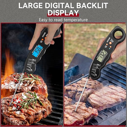 QPEUIM Meat Thermometer Digital Black | Instant Read Food Thermometer, Waterproof, Backlight, For Grilling, Cooking, BBQ, Deep Fry, Turkey, Candy