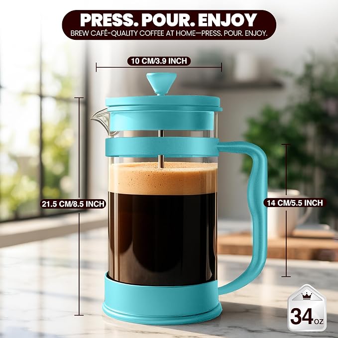 Utopia Kitchen Borosilicate Glass French Press Coffee Maker 34 Oz, Aqua | Heat-Resistant Cafetiere & Tea Maker, Thickened Glass Coffee Press for Travel and Camping