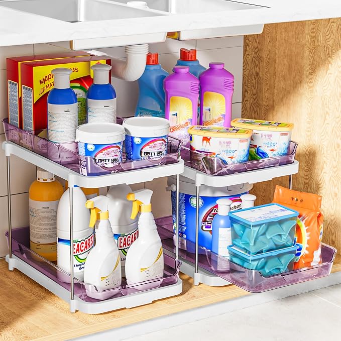 Delamu 2-Tier Multi-Purpose Bathroom Under Sink Organizers and Storage, Stackable Kitchen Pantry Organization, Pull Out Medicine Cabinet Organizer with Movable Dividers, Purple, 2 Pack