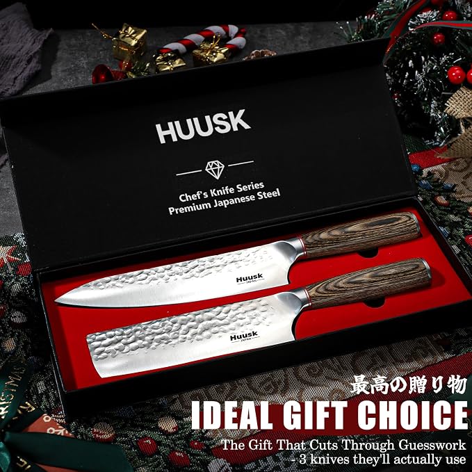 Huusk Japanese Kitchen Knife Set of 2 - Professional Chef Knives Set | Hand Forged Nakiri Vegetable Chopping Knife, Meat Cleaver Knife Set for Meat Cutting, Gift for Chef Men Women