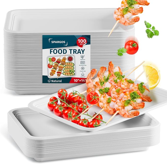 SPARGOS 14 Inch Disposable Food Trays, 100 Pack Crawfish and BBQ | 100 heavy duty 14-inch paper trays, compostable. For crawfish and seafood boil, lobster, crab, BBQ and holiday feasts.