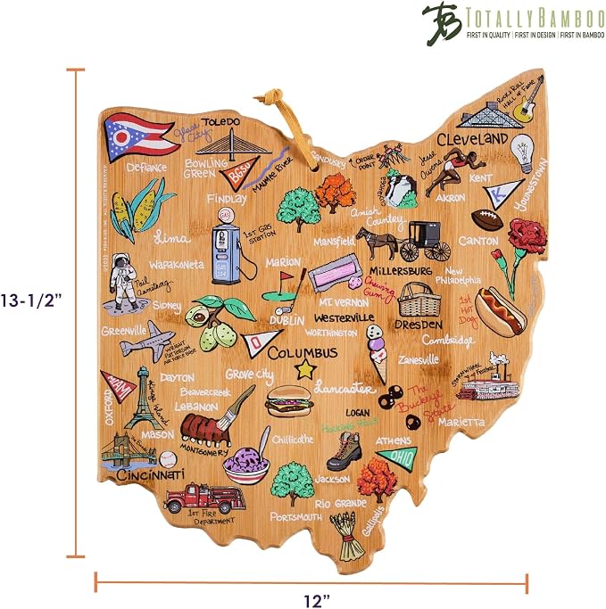 Totally Bamboo Ohio State Shaped Cutting Board, Art by Fish Kiss | State charcuterie board with colorful hand-drawn map artwork. Smooth reverse side for food prep. Hang tie for wall display.