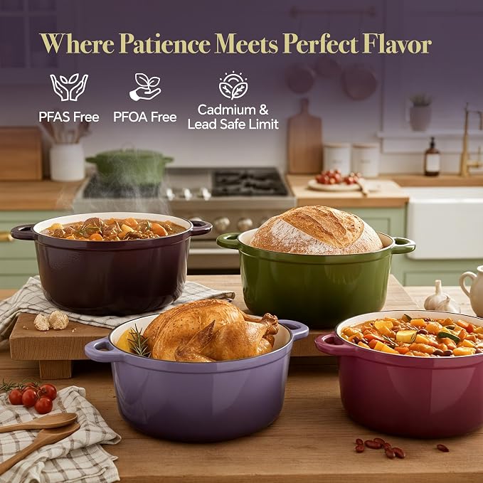 Vintage Style 4.5 Quart Dutch Oven Pot with Lid, Non Stick Enameled Cast Iron Dutch Oven for Bread Baking, Heavy-Duty, Oven Safe Ceramic Cookware Up to 500°F for Baking, Braising, Stews, Roasting, Purple