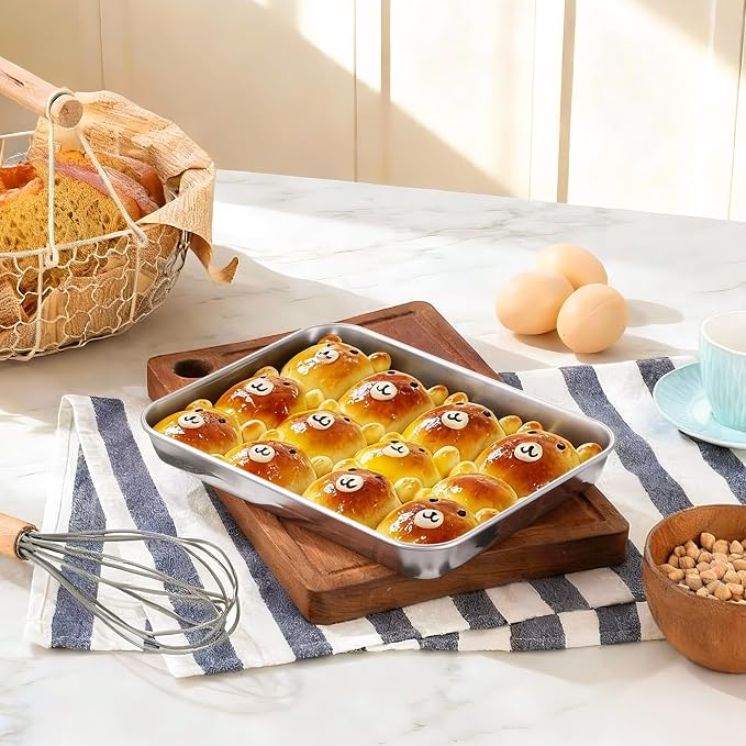 Onader Baking Sheet Pan Tray Set of 2, Stainless Steel Small Baking Cookie Sheets, 9 x 7 Inch Mini Toaster Oven Trays, Food-Grade Durable Mirror Finish & Dishwasher Safe