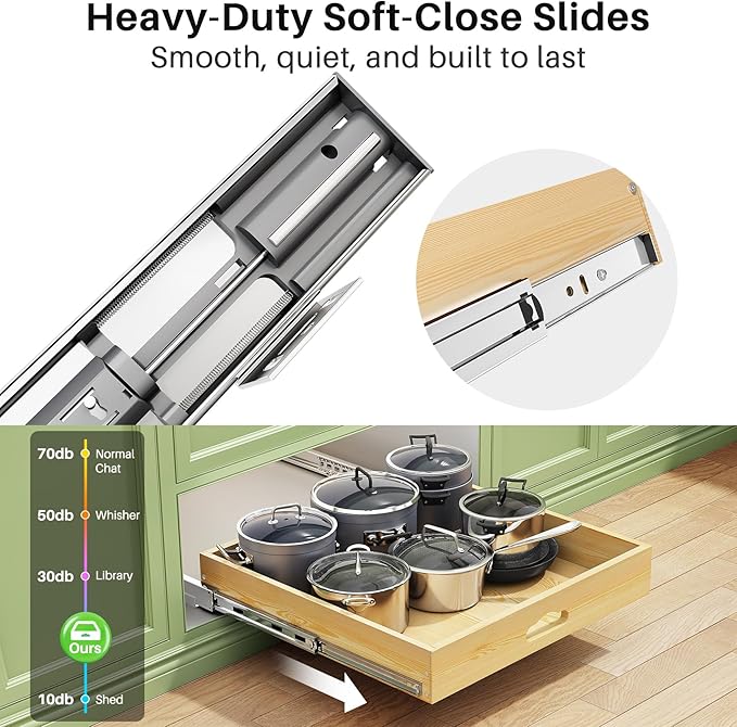 Pull Out Cabinet Organizer, Soft Close Wooden Slide Out Drawers for Pots and Pans, Full-extension Roll Out Shelves for Kitchen Cabinets, Pantry Organization, Bottom & Side Mount(23"W X 21"D x 3.4''H)