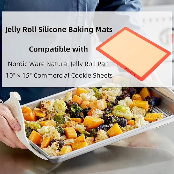 AMYONE Silicone Baking Mats for 10x15" Jelly Roll Pan, Platinum, 2PCS | Compatible with Nordic Ware Naturals Jelly Roll Pans/Swiss Roll Pans, Nonstick Reusable Food Grade Silicone