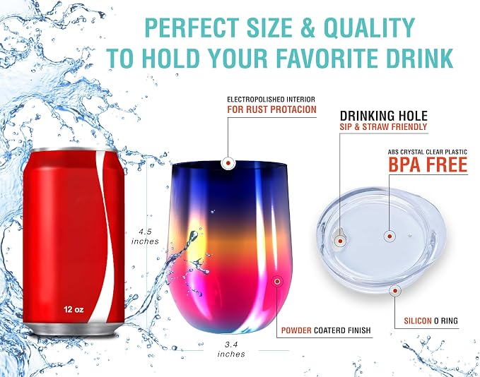 CHILLOUT LIFE 12 oz Stainless Steel Wine Tumblers 2 Pack - Double Wall Vacuum Insulated Wine Glasses Cups with Lids and Straws Set Keeping Cold & Hot for Coffee, Beer, Ice Cream - Colorful Rainbow