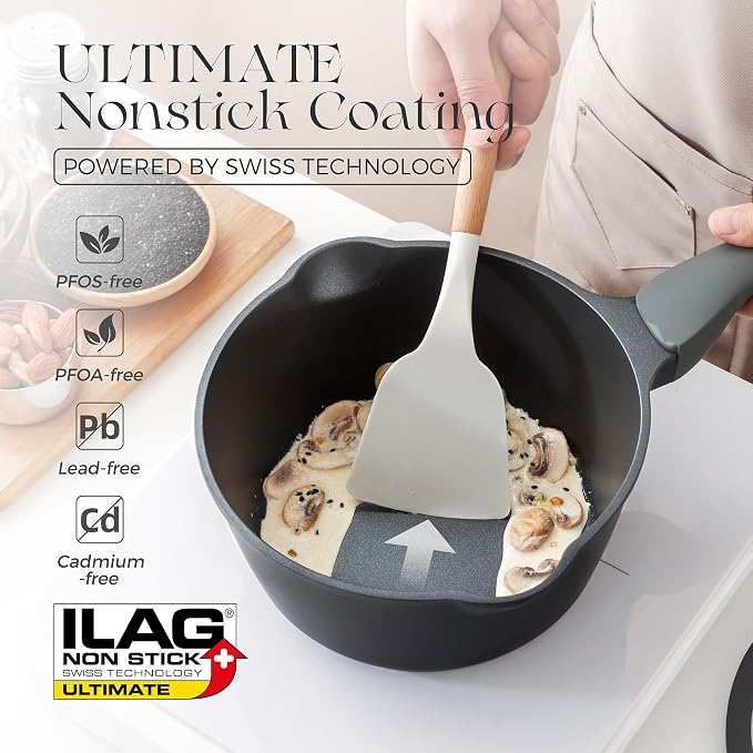 PRICUSIS Ceramic Nonstick Saucepan with Lid, 3 Quart Non Toxic Pot with Pour Spouts, Full Coated, 100% Dishwasher Safe, Induction Compatible, PFOS & PFOA Free, Black Sesame