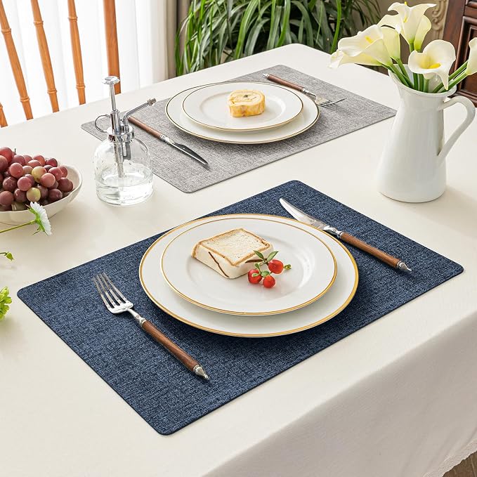 Romanstile Vinyl Placemats Set of 4, Reversible Faux Leather Heat Resistant Wipeable Table Mats, Waterproof Washable Non-Slip Table Placemats for Dining/Kitchen/Outdoor (Grey Nave Blue, 12" x 17")
