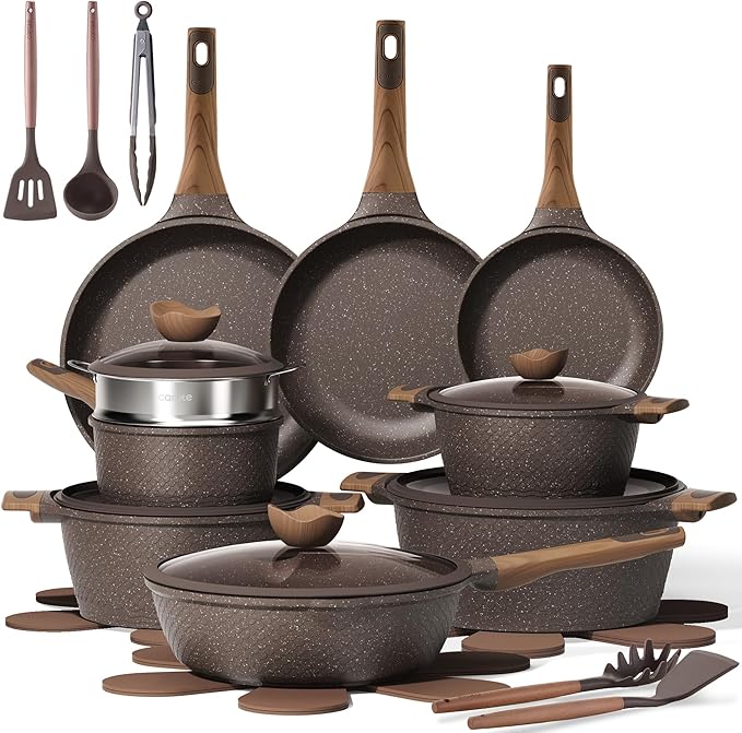 CAROTE 26pcs Pots and Pans Set, Nonstick Cookware Sets | Induction Kitchen Cooking Set, Special Texture Design, Ultra Durable, Easy Food Release, Even Heating, with Frying Pans Set