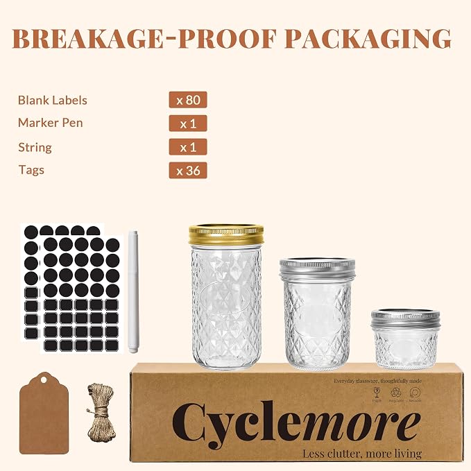CycleMore 24 Pack Mixed Size Glass Mason Jars, Canning Jars With Split Lids | AirTight, BPA Free, 4 OZ x 8, 8 OZ x 8, 12 OZ x 8 (4oz -8oz-12oz), Ideal for Jam, Honey, Wedding Favors, Spice Jars & DIY