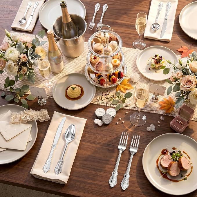 200 Pieces Silver Plastic Silverware Disposable - 50Guests Silverware Plastic Cutlery - Disposable Utensils Includes 100 Forks, 50 Spoons, 50 Knives Perfect for Christmas Wedding or Party