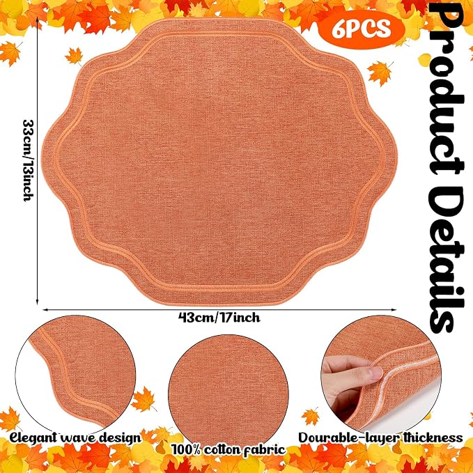6 Pcs Orange Wedding Placemats Scalloped Embroidered Cotton Linen Placemats 17" x 13" Double Layered Machine Washable Table Place Mat for Party Table Decor (Cotton)