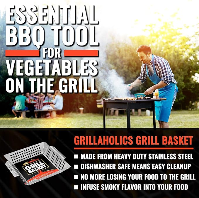 Grill Basket for Outdoor Grill - Durable Premium Stainless Steel Vegetable Grill Basket - XL Family Size BBQ Grill Basket - Perfect Grilling Accessories for Veggies, Fish, Shrimp & Kebabs | Family-Sized | Dishwasher Safe | Stainless Steel | Includes Ha...