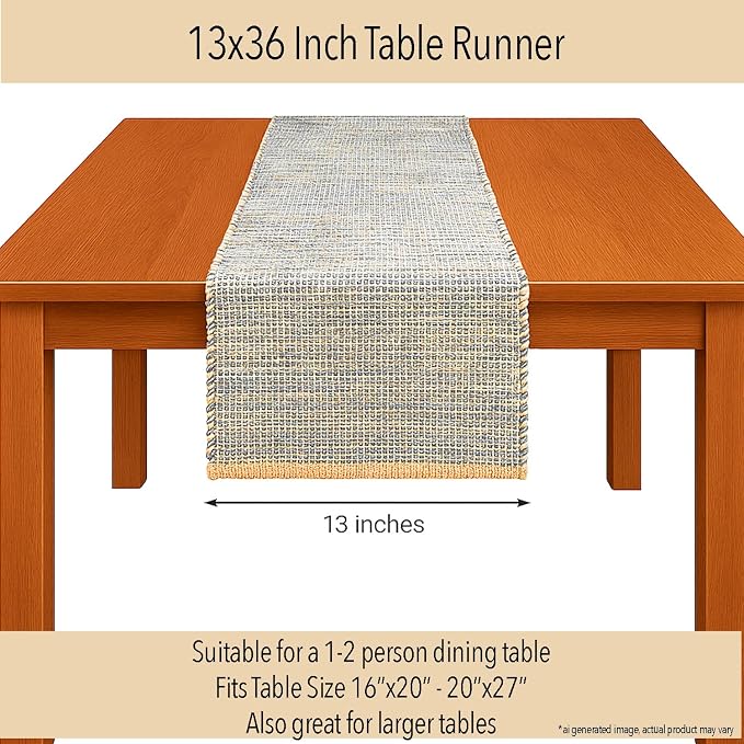 Natural Jute Table Runner 13x36 Inch – Vintage Boho Rustic Table Decor – Handwoven Table Runner in Natural Jute and Grey – Farmhouse Dining or Console Table Accent