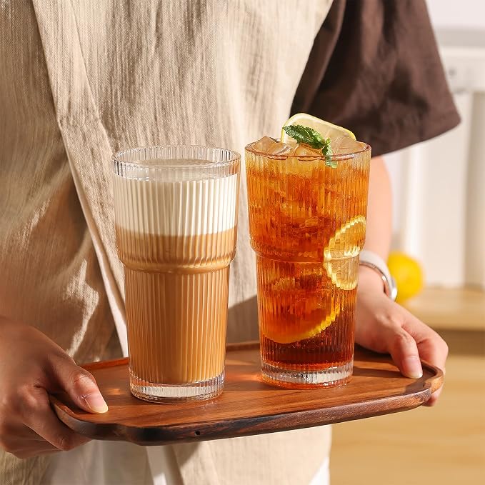 Ribbed Glass Tumbler Drinking Glasses with Lids & Straws, Leak-Proof 20oz and 15oz Glass Cups, 8PCS Glass Tumblers, Ideal for Home, Office, Outdoor Use