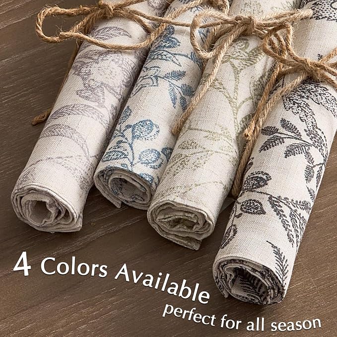 JINCHAN Linen Floral Placemats Set of 4 Farmhouse 13x19 Inch Blue | Fabric Placemats, Cottage Style, Vintage Botanical Pattern, Machine Washable, Easy to Store, Reusable