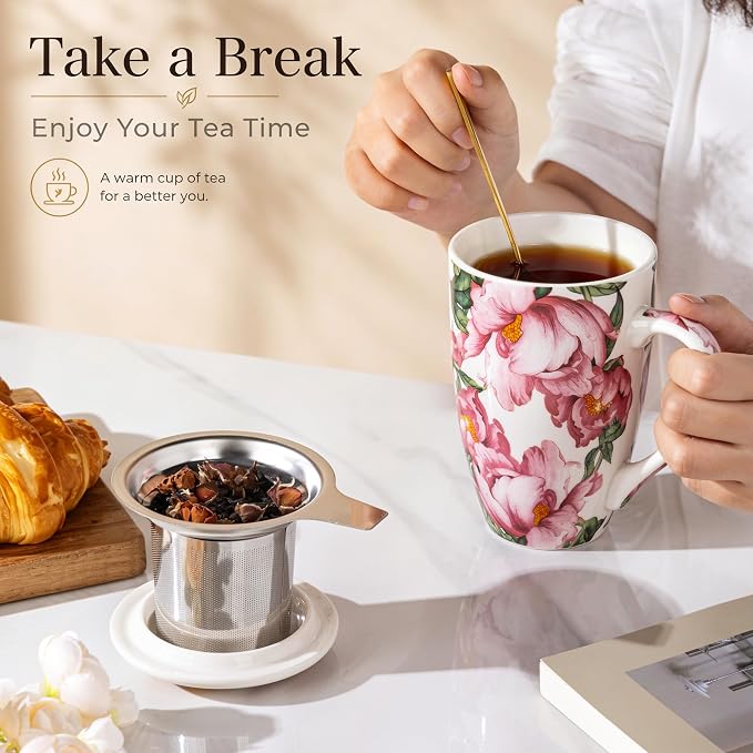 AmorArc Tea Cup With Infuser and Lid, 18oz Loose Leaf Tea Mug With Steeper | Porcelain Tea Mug With Infuser and Lid, Strainer Tea Cup for Tea Lovers, Home & Office, Housewarming Birthday Gift