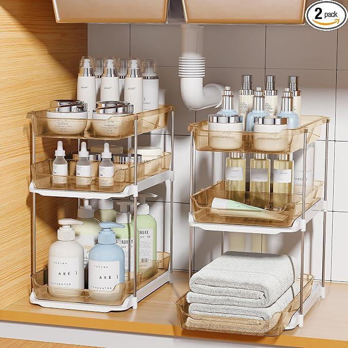 Delamu 2 Pack 3-Tier Bathroom Under Sink Organizers and Storage, Multi-Purpose Stackable Pantry Organization and Storage, Pull Out Clear Kitchen Bathroom Cabinet Organizer with Movable Dividers, Amber