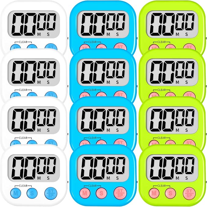 ZILLEEN Digital Kitchen Classroom Timers for Kids Cooking 12pcs Wht Blu Grn | Strong Magnetic, Large Screen, Big Button, Count Up/Down, Loud Alarm, Teacher Classroom Must Haves Supplies