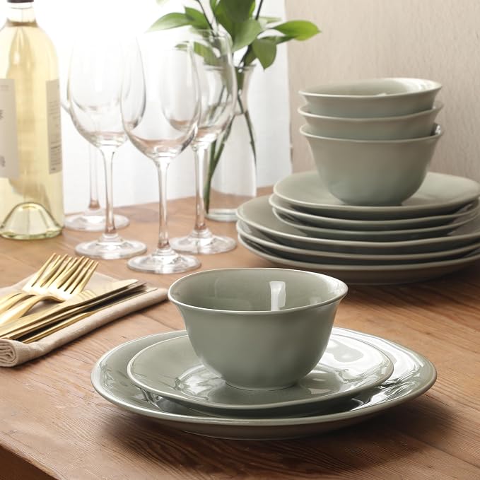 Gibson Elite Port Barton Plates and Bowls Sets, 12-Piece Stoneware Dinnerware Sets, Reactive Glaze Dish Set - Green
