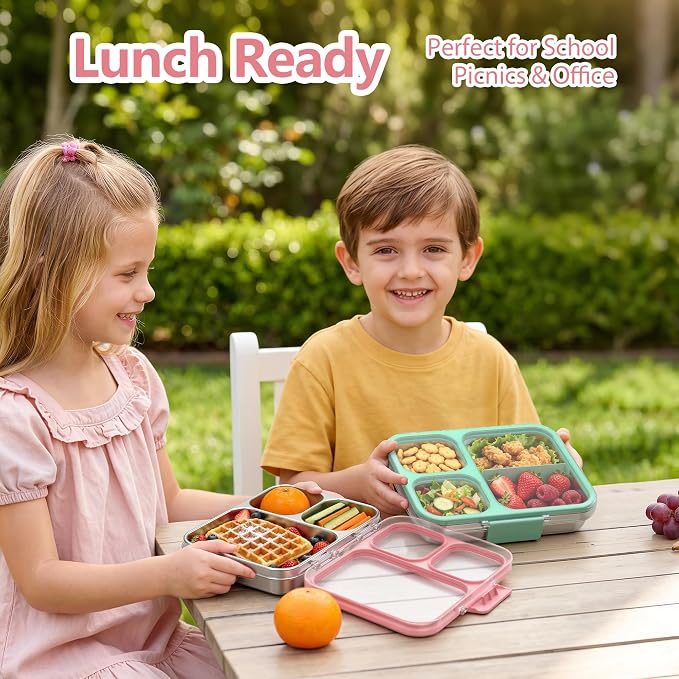 HOMEKOL Stainless Steel Bento Lunch Box 3-Compartment, 4.2Cups, Pink | Leak-Proof Metal Lunch Container for Kids & Adults, BPA-Free, Dishwasher Safe, Clear Tritan Lid, 1000ml (Not Insulated)