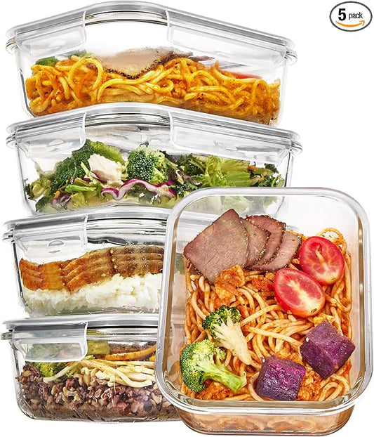 Vtopmart 5 Pack 35oz Glass Food Storage Containers with Lids, Grey | Meal Prep Containers, Airtight Reusable Lunch Container Set, Safe for Oven, Microwave, Freezer, and Dishwasher, BPA Free