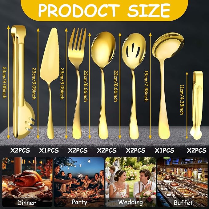 12 Pcs Gold Serving Utensils Set Include Stainless Steel Large Serving Spoons Slotted Spoons Forks Soup Ladle Pie Server - Metal Utensils for Parties Buffet Catering, Dishwasher Safe