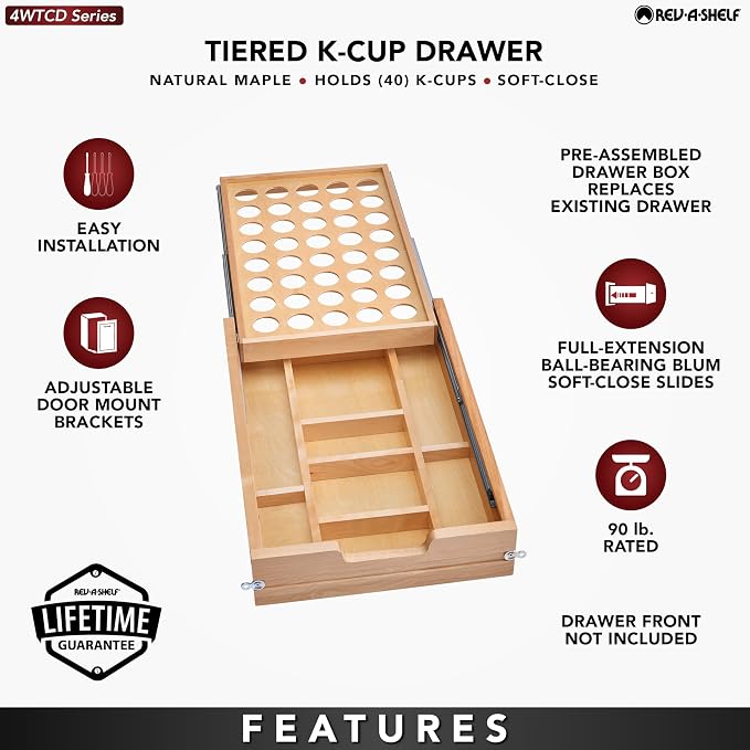 Rev-A-Shelf 15 Inch 2 Tiered Cutlery and Utensil Pullout Drawer Organizer with KCUP Tray and Soft-Close Slides, 4WTCD-18HSC-KCUP-1