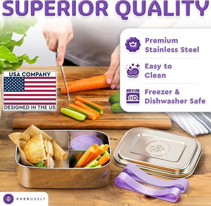 Stainless Steel Bento Box + Condiment Container - Lavender, 47oz / 1.4 L | Everusely large metal lunch box, leakproof sauce container, 3 compartment snack organizer, freezer & dishwasher safe