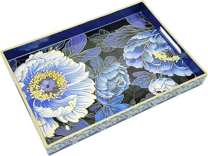 Serving Tray with Handles, 15.7 * 11.8 inches, Plastic Ottoman Tray with Exquisite Paintings, Trays for Coffee Table