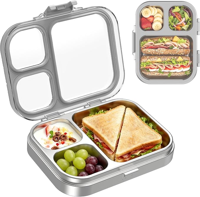 LOHASOK Stainless Steel Bento Lunch Box, 800ml, Grey | 3-Compartment, Leak Proof, Lightweight, Clear Plastic Lid, for Kids Adults, BPA/BPS Free, Dishwasher Safe