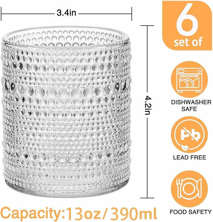 cosnou Glassware Set of 6, 13 OZ/390ml Hobnail Kitchen Glassware, Embossed Vintage Glass for Water, Cocktail, Soda, Beverage, Juice