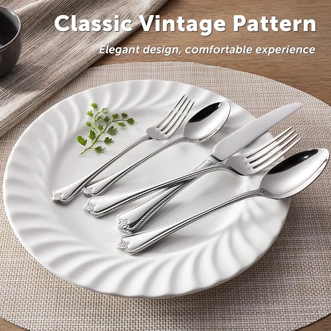 30-Piece Silverware Set, 18/10 Stainless Steel Flatware Set for 6 | Vintage Cutlery Set for Kitchen, Home, Wedding, Party, Mirror Polished and Dishwasher Safe, Featured Gifts
