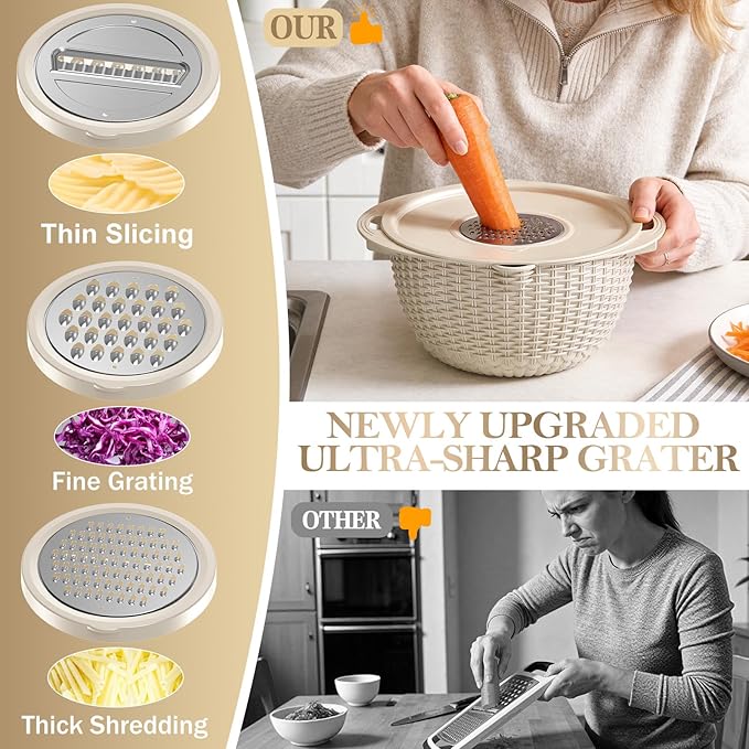 4-in-1 Colander with Bowl Set — Patented 360° Rotatable Strainer Bowl with 3 Graters, Snap-On Lid & Non-Slip Base, Funny Kitchen Present for Women, Aesthetic Pasta Fruit Vegetable Strainer (Beige)