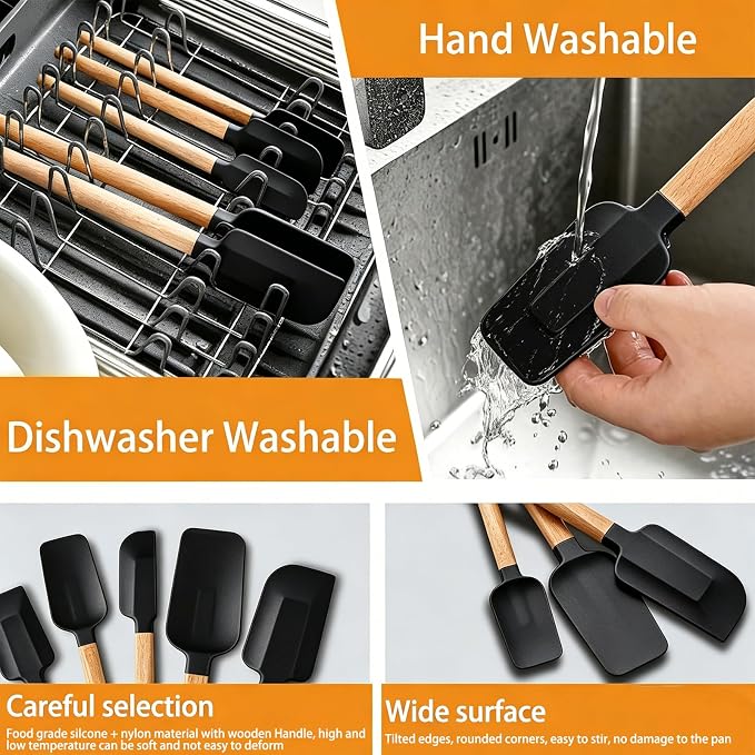 7 Piece Silicone Spatula Set, Food Grade Rubber Spatula Set with Wooden Handle, Heat Resistant Up to 600°F, Silicone Utensils Set for Baking, Cooking & Mixing, Jar, Non-Stick Kitchen Utensils(Black)