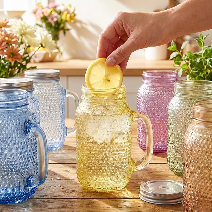 DaYammi 6 Pack 24oz Hobnail Mason Jars Cups Drinking Glass Cups with Lids & Straws, Colorful Wide Mouth Mason Jars Cups with Handle, Tumblers for Coffee Smoothies, Iced Tea, Juice, Beer, Cocktail