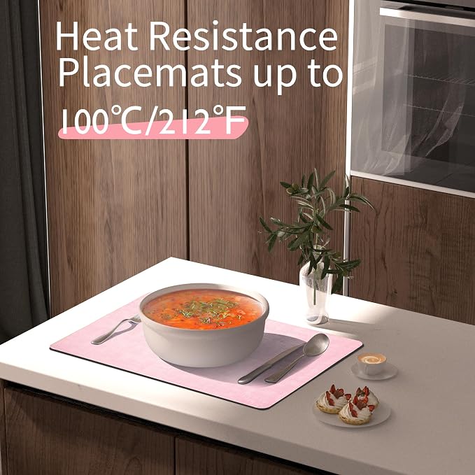Maxpearl Faux Leather Placemats Set of 4, Easy to Clean, Peachy Pink | Waterproof - Heat Resistant - Non Slip - Wipe Clean Dining Table Place Mats, Suitable for Indoor & Outdoor Use, 17''×12''