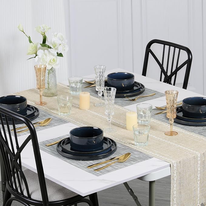 E-far 12-Piece Plates and Bowls Sets, Stoneware Dinnerware Dishes Sets for 4, Kitchen Modern Dining Dishware, Chip & Scratch Resistant, Microwave & Dishwasher Safe, Midnight Blue
